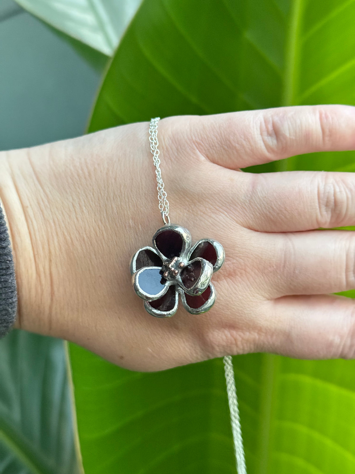 Chocolate Cosmos Flower Stained Glass Necklace, Handmade Botanical Jewelry