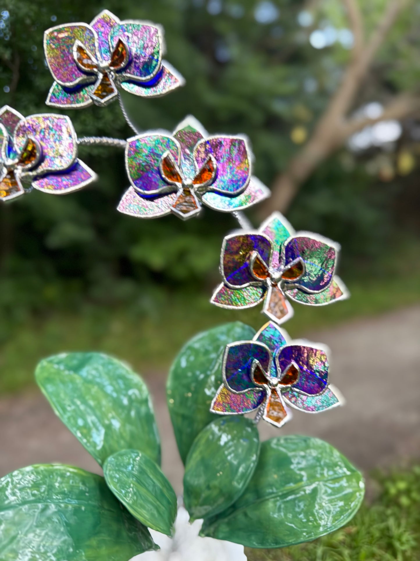 .Amethyst indigo Orchid, WITH RESIN LEAVES, 5 Flowers, Handmade Stained Glass Botanical Art Decor