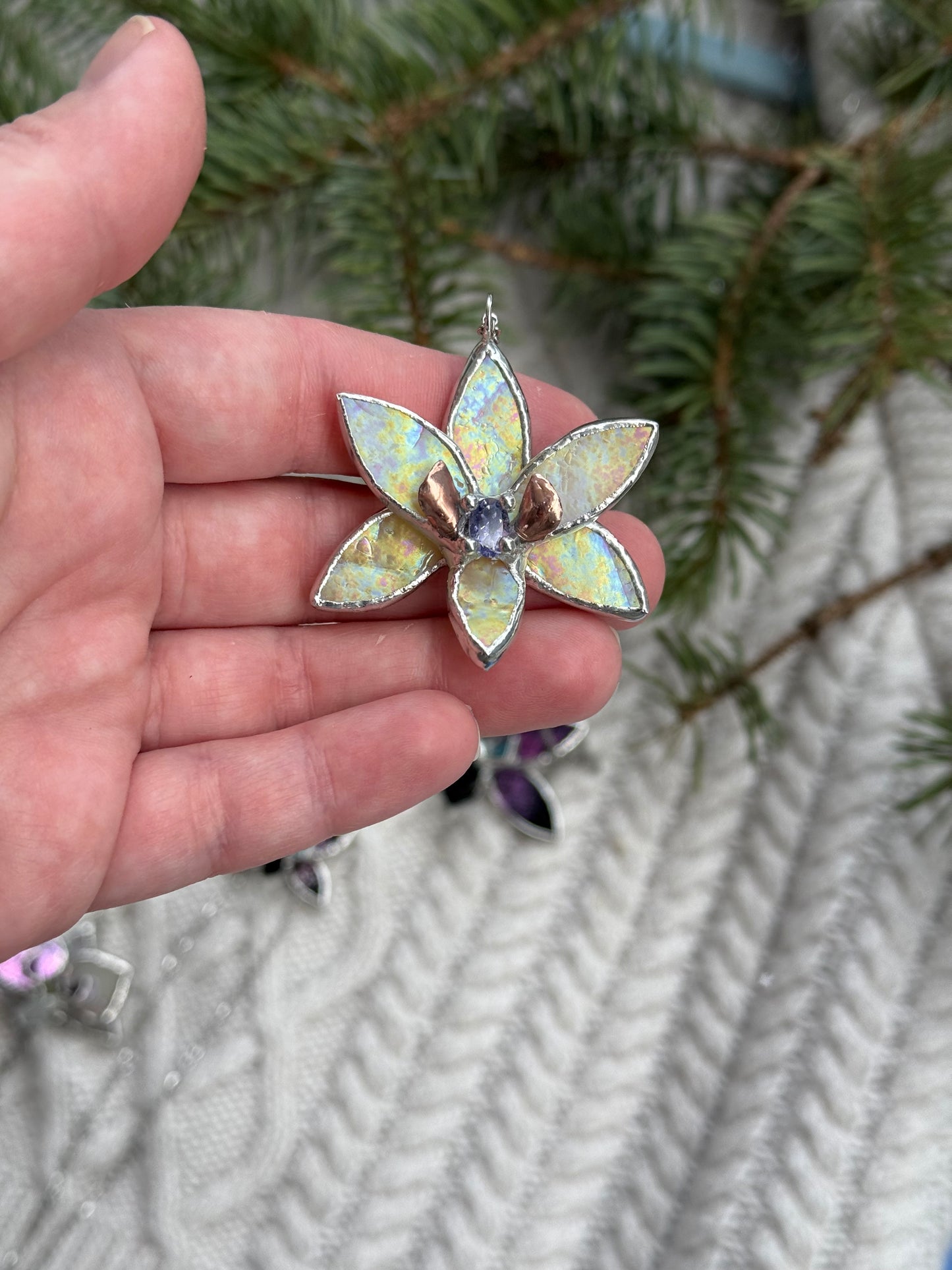 " . Necklace Tropical Orchid Yellow iridescent with Blue Iolite ” Stained glass tropical flower 3D, art jewelry