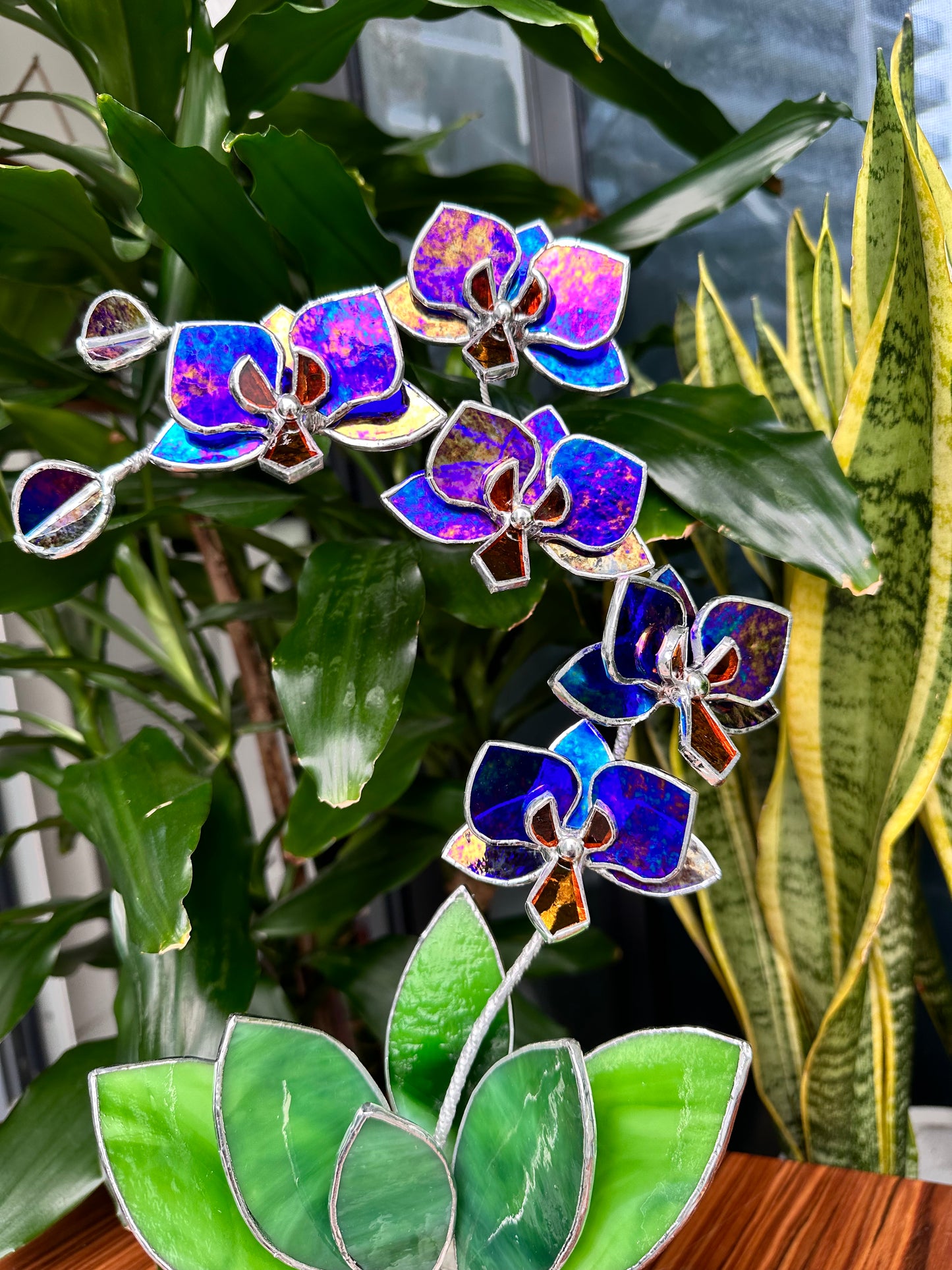 ". Amethyst luminescent Orchid 5 flowers with pot" Stained glass tropical flower 3D, Sun catcher, Table plant, Garden stick, wedding decor, Christmas gift