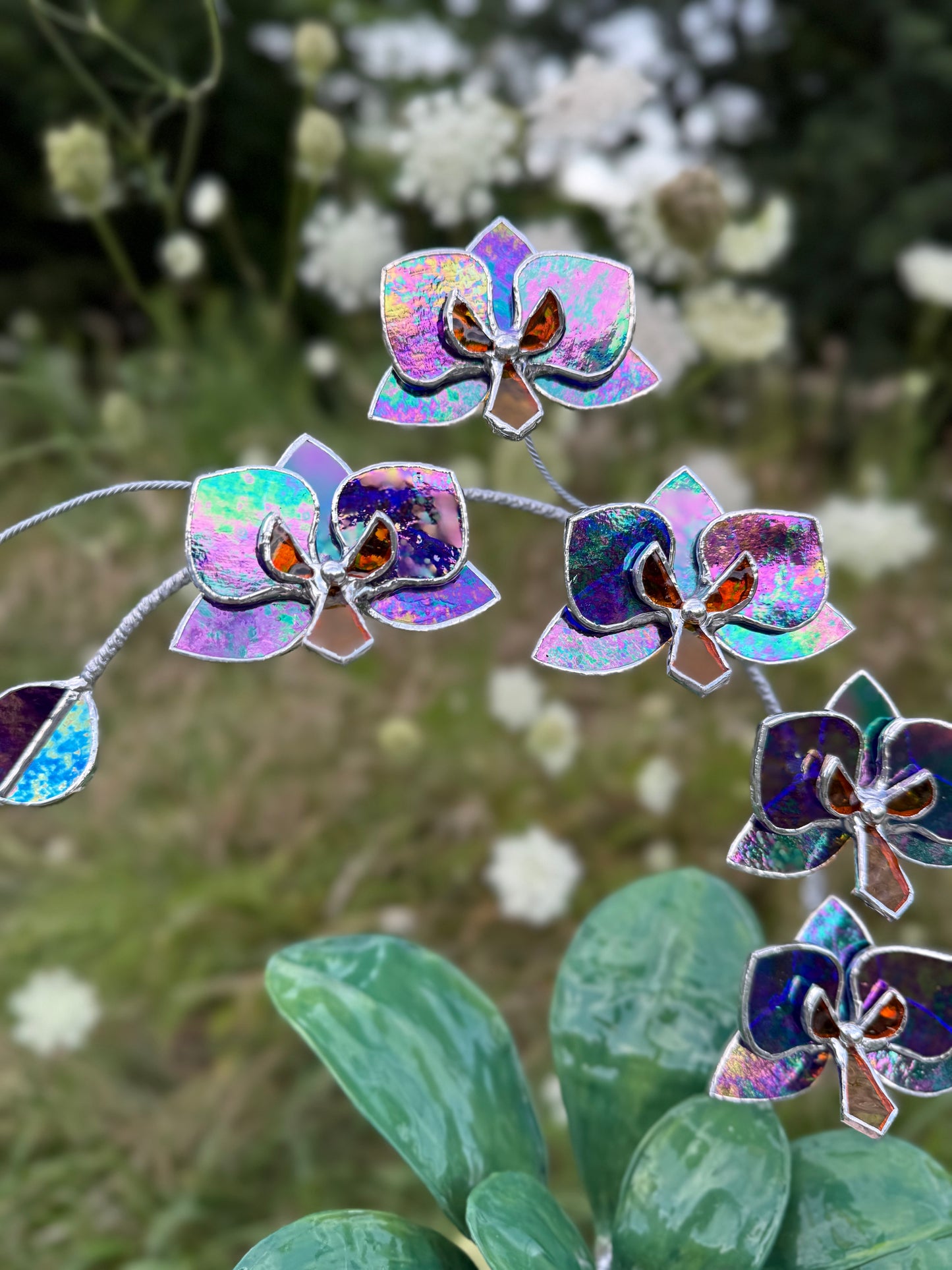 .Amethyst indigo Orchid, WITH RESIN LEAVES, 5 Flowers, Handmade Stained Glass Botanical Art Decor