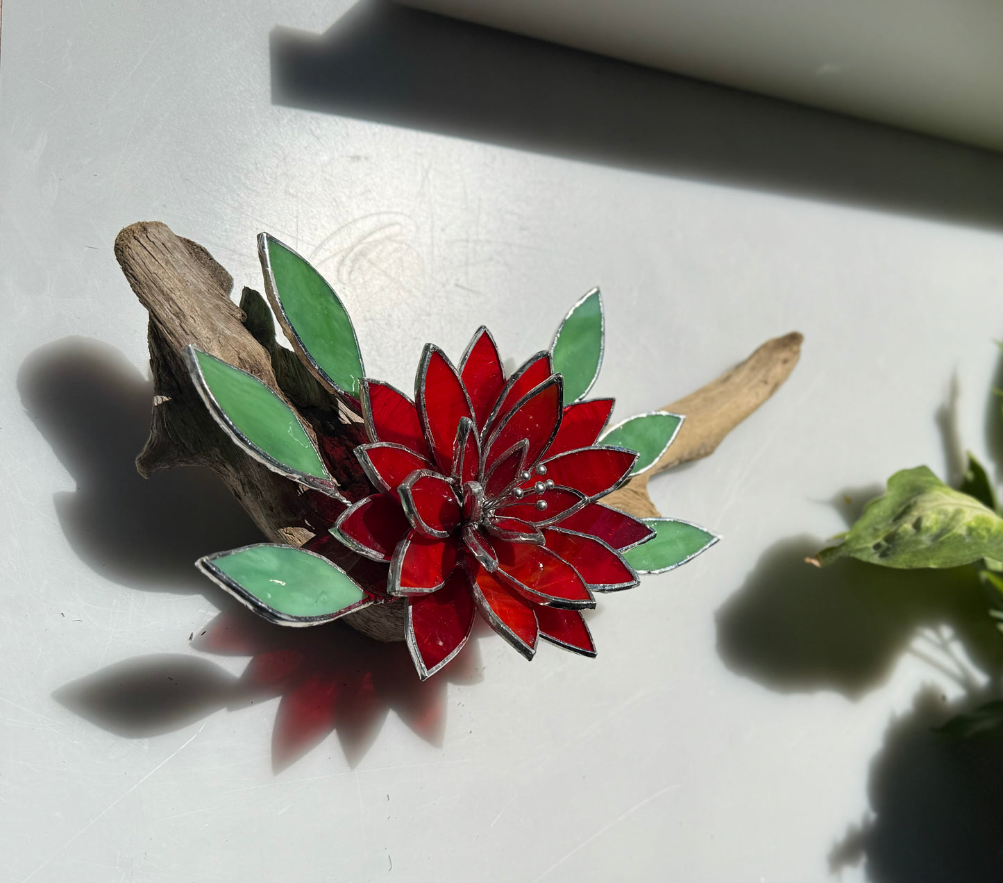 .Fire Flower Stained Glass Driftwood Wall Decor Suncatcher