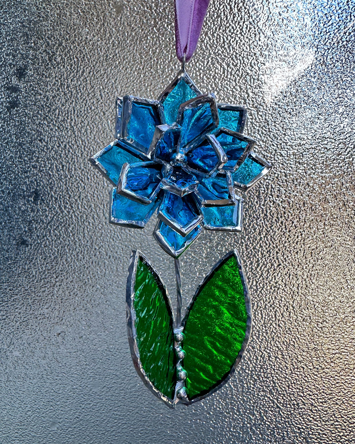 Christmas tree ornament Flower Blue ribbed transparent Set of 1, 3, 5, 7, 10. Stained glass Wall window decor, holiday decorations, lights