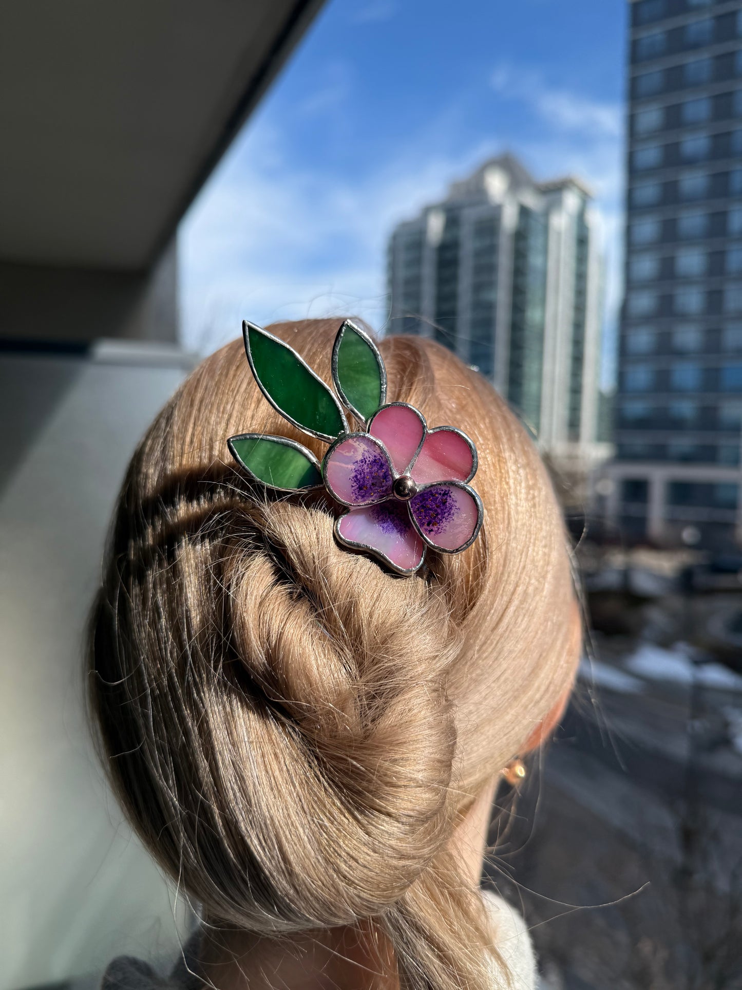 .Hair Pin Stained Glass Pansy Flower CHOOSE COLOR Handmade Floral Accessories