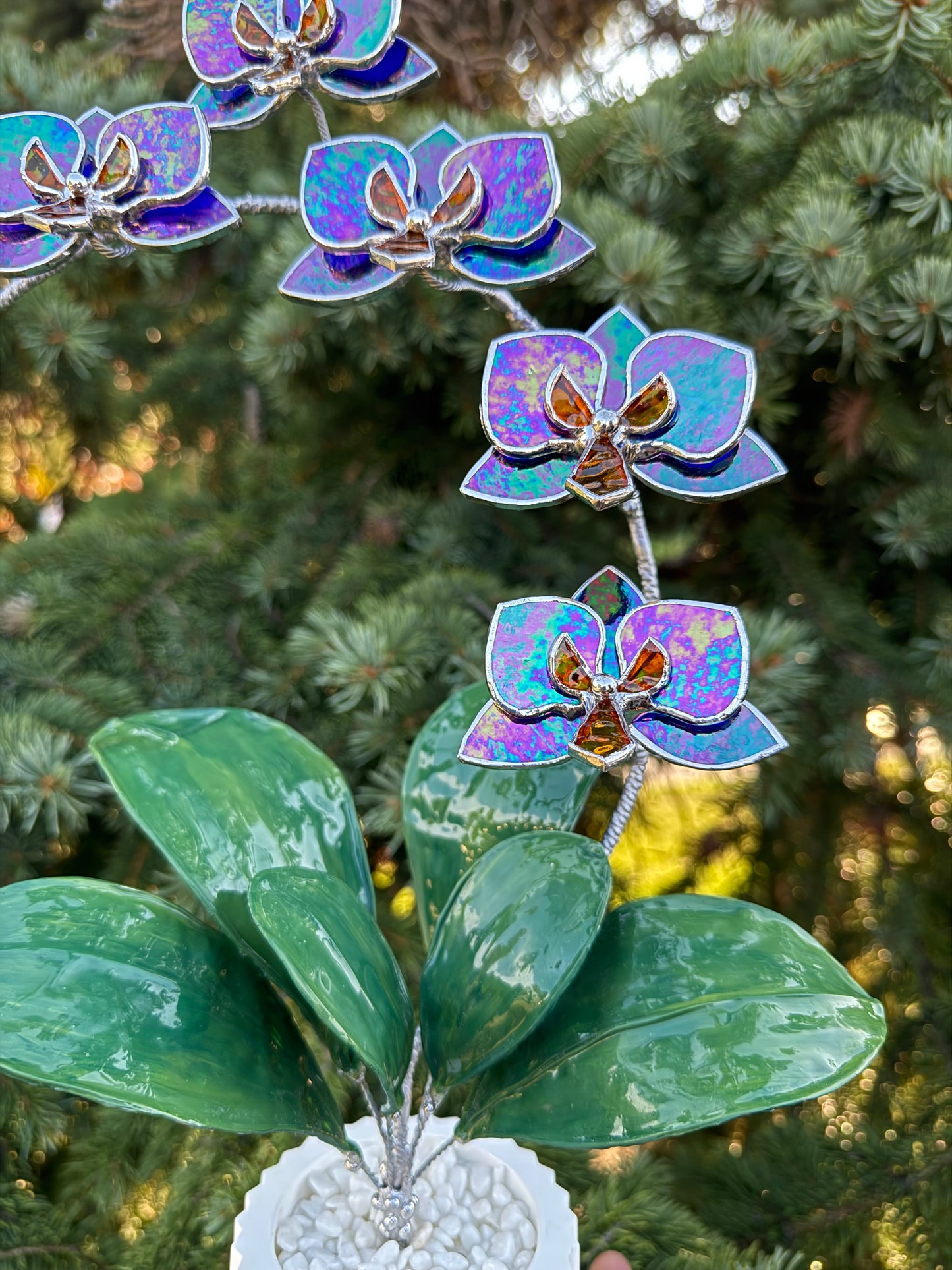 .Amethyst indigo Orchid, WITH RESIN LEAVES, 5 Flowers, Handmade Stained Glass Botanical Art Decor