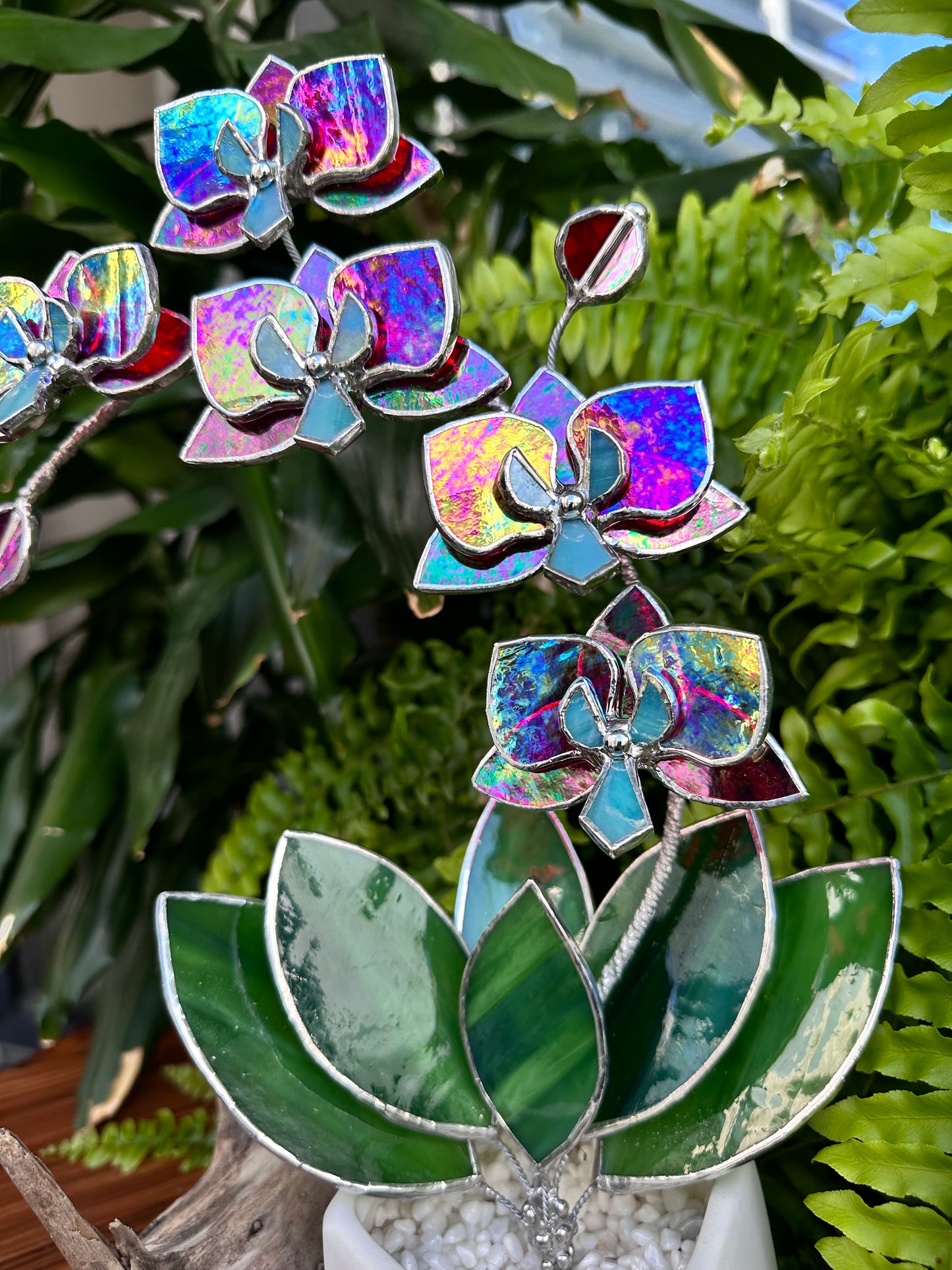 " . Red transparent iridescent Orchid 5 flowers with pot" Stained glass tropical flower 3D, Sun catcher, Table plant, Garden stick, wedding decor, Christmas gift