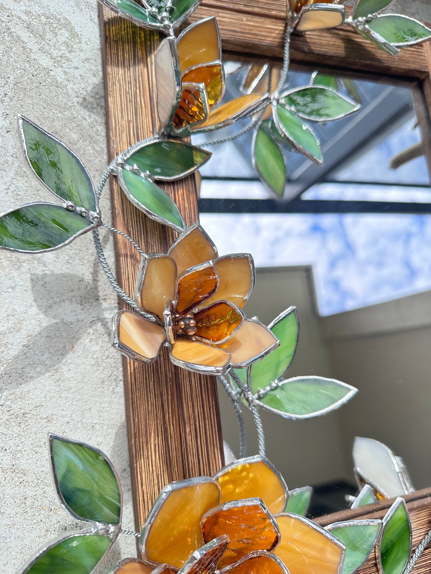 " . Amber Magnolia Flower Mirror, Stained glass Wedding Wall Decor, Christmas gift, Suncatcher