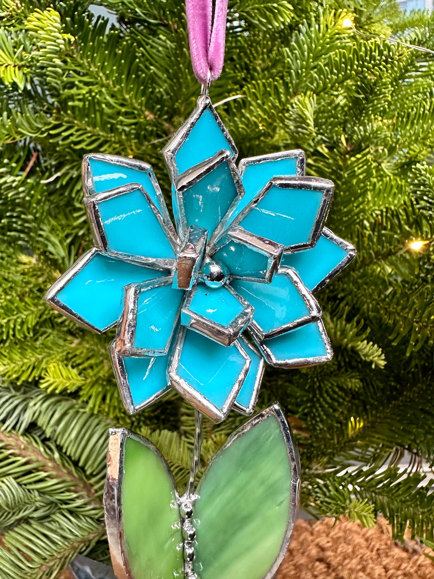 Christmas tree ornament Flower Turquoise Set of 1, 3, 5, 7, 10. Stained glass Wall window decor, holiday decorations, lights