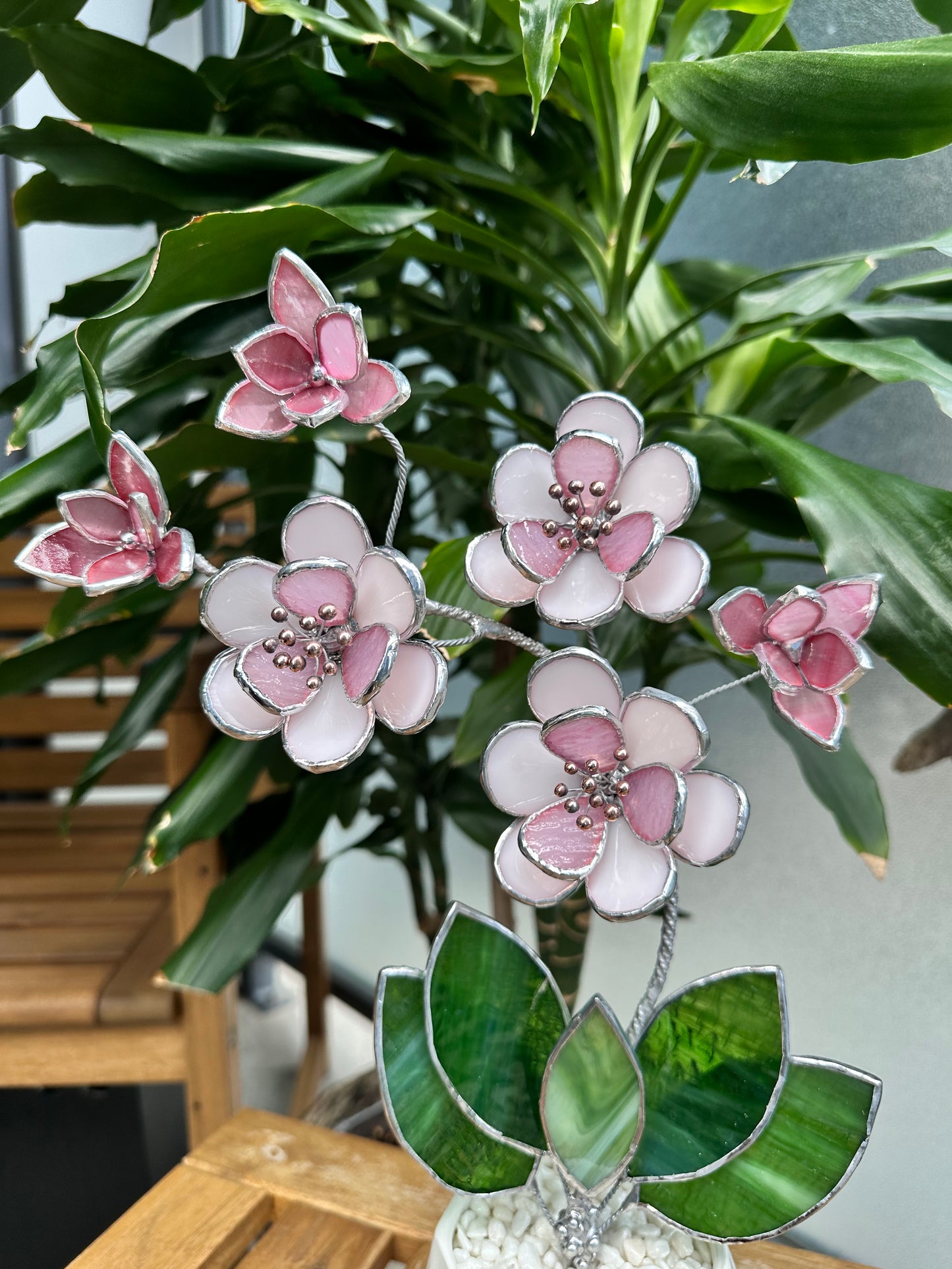 " . Sakura flowers with pot" Stained glass tropical flower 3D, Sun catcher, Table plant, Garden stick, wedding decor, Christmas gift