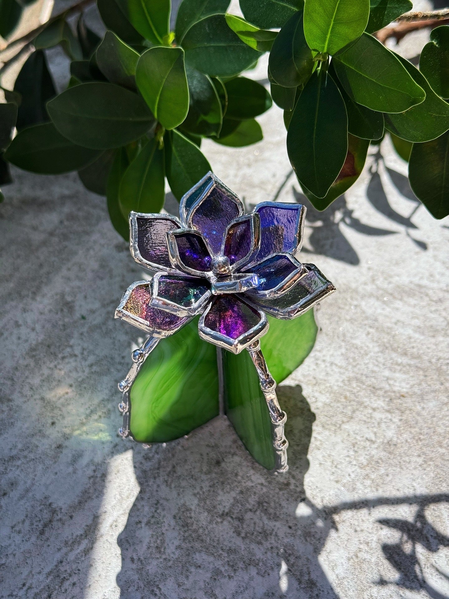 "Cactus Purple transparent irid & green irid" Stained glass Succulent 3D design, house plant for flower pot, Sun catcher