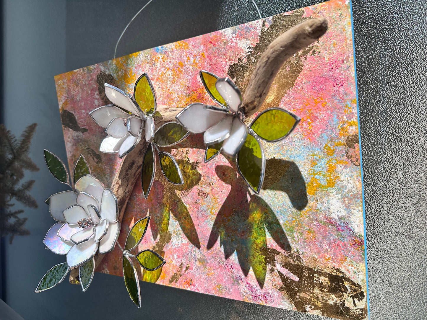 ". Acrylic painting ‘Spring Magnolia’ with stained glass 3D flowers, Wall decor, Wedding, Christmas gift, available