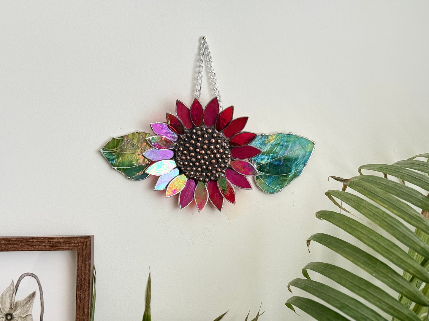 Sunflower Ruby Red, Stained Glass Suncatcher, Wall Art Decor ready