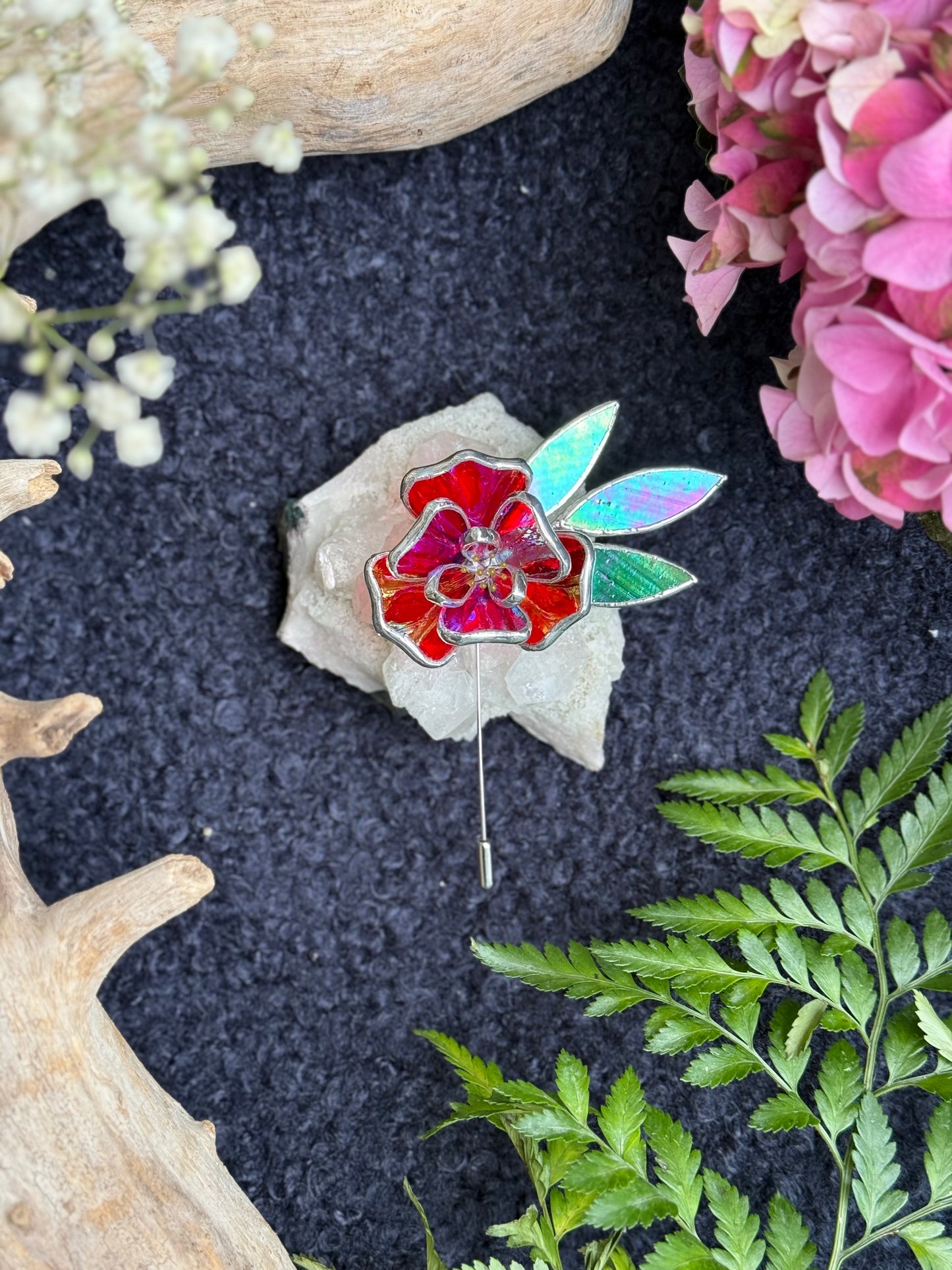 Red Rose Brooch Statement Stained Glass Floral Pin, Modern Art Jewelry