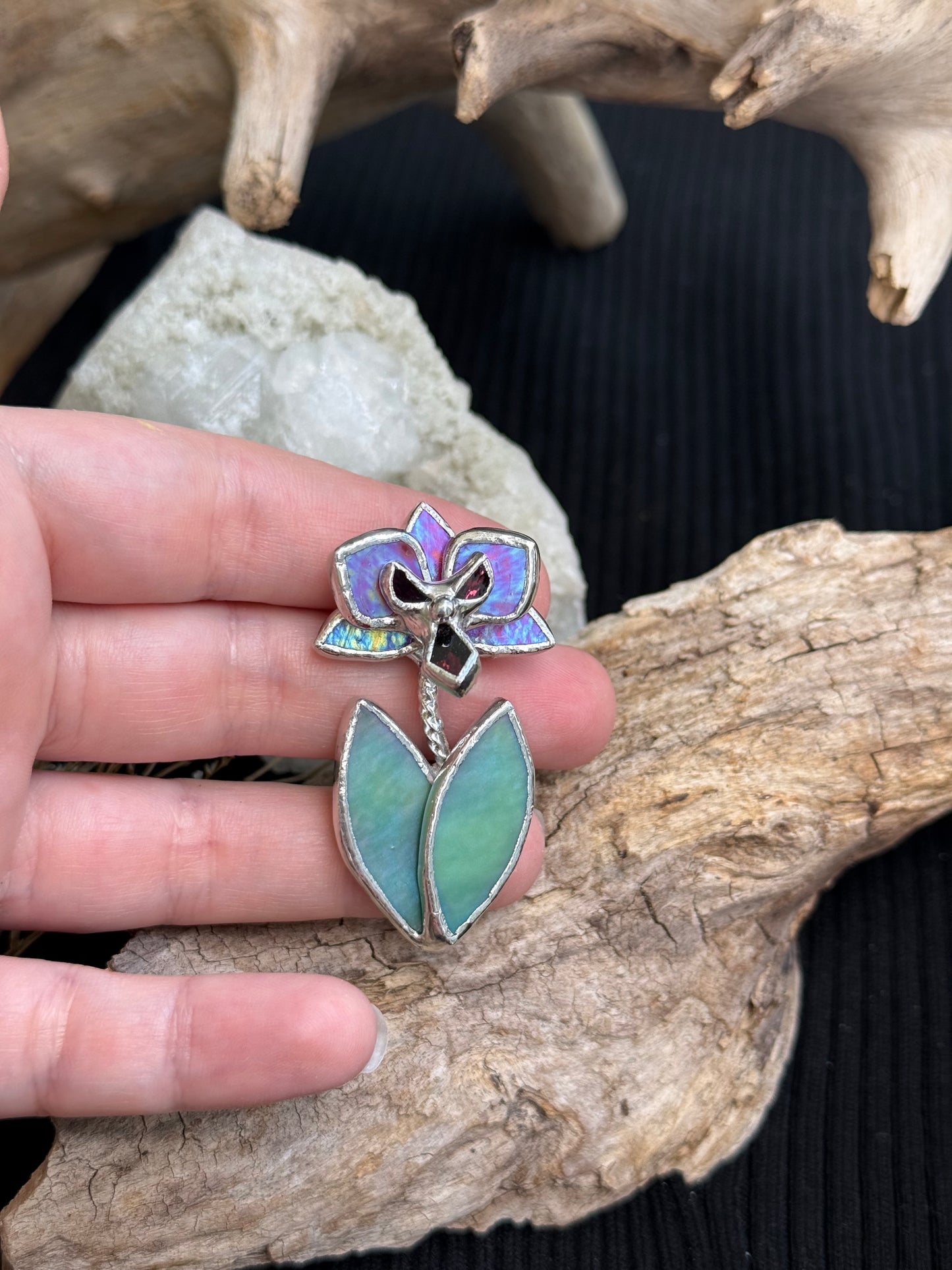 " . Brooch Orchid Berry Red iridescent” Stained glass tropical flower 3D