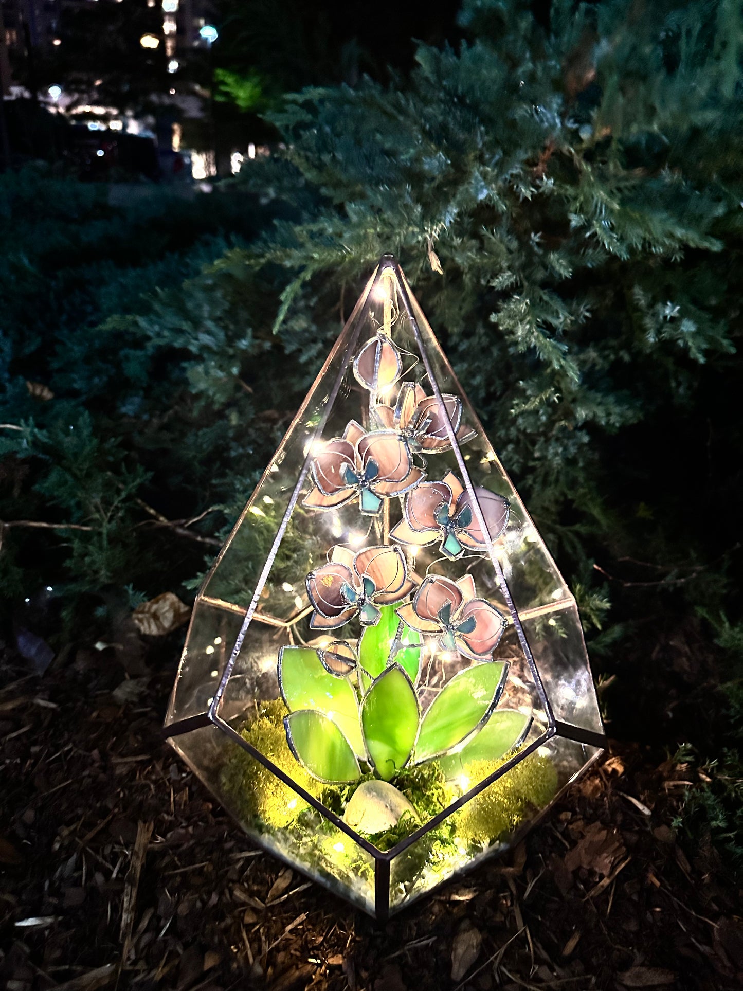 " . Geometric glass 3D terrarium Teardrop with stained glass orchids. Wedding glass decor, Mother’s Day  gift, glass art, suncatcher, succulents, cacti