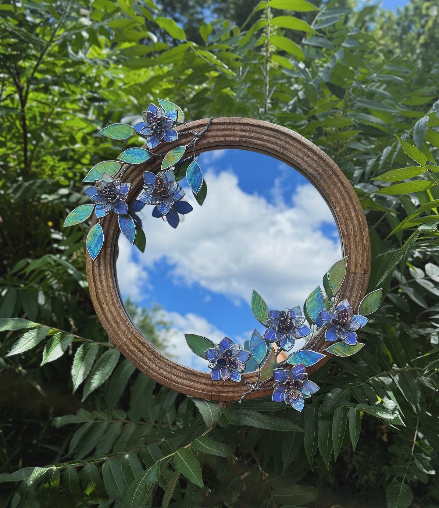 .Blue Wildflowers Stained glass Wall Mirror, 3D Botanical Floral Art ready