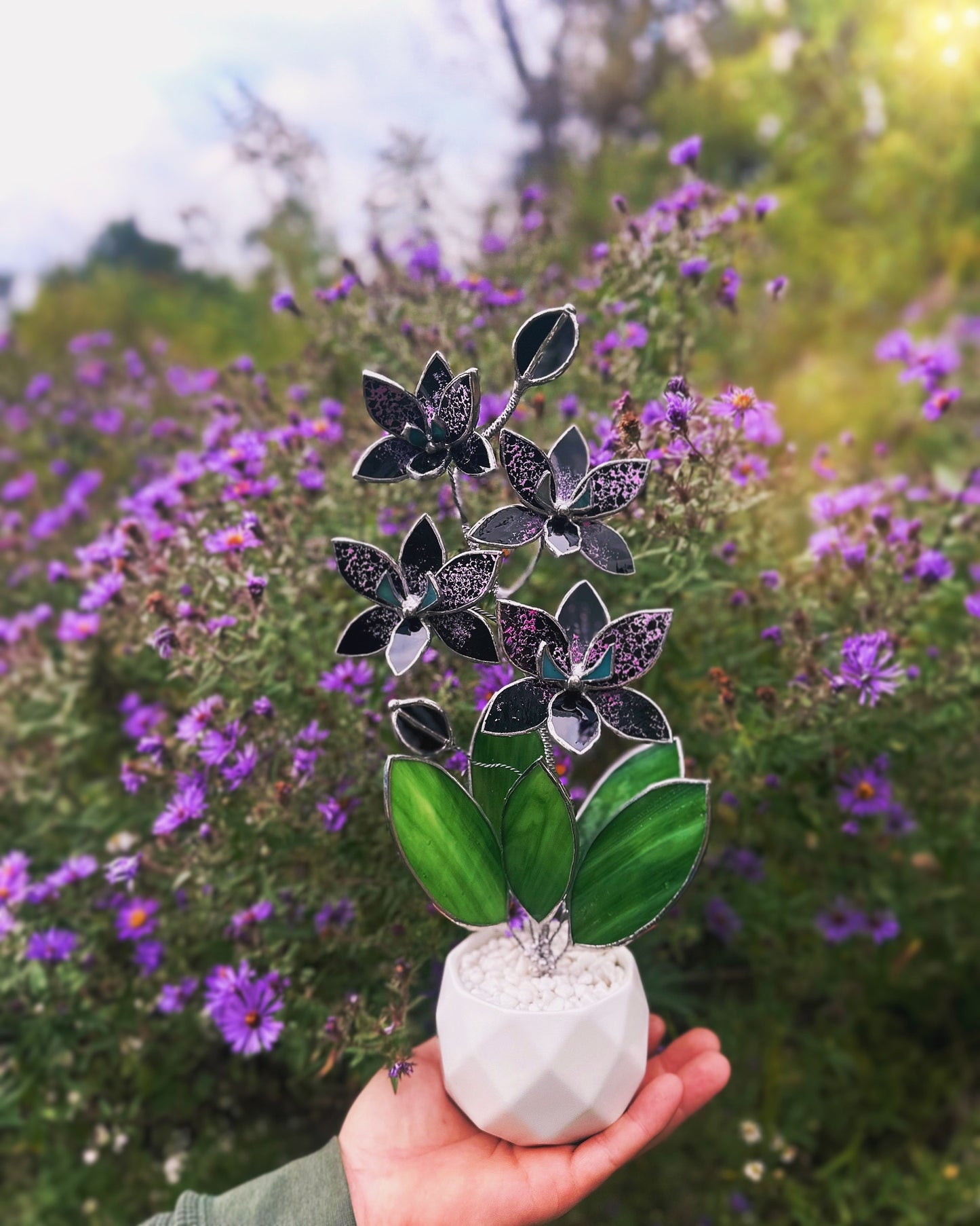 " . PREORDER Black Tiger Orchid, 4 flowers with pot”, Stained glass tropical flower 3D, Sun catcher, Table plant, Garden stick, Outdoor and gardening decor