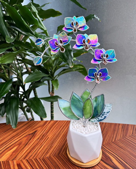 " .Indigo iridescent Orchid 5 flowers with pot" Stained glass tropical flower 3D, Sun catcher, Table plant, Garden stick, wedding decor, Christmas gift