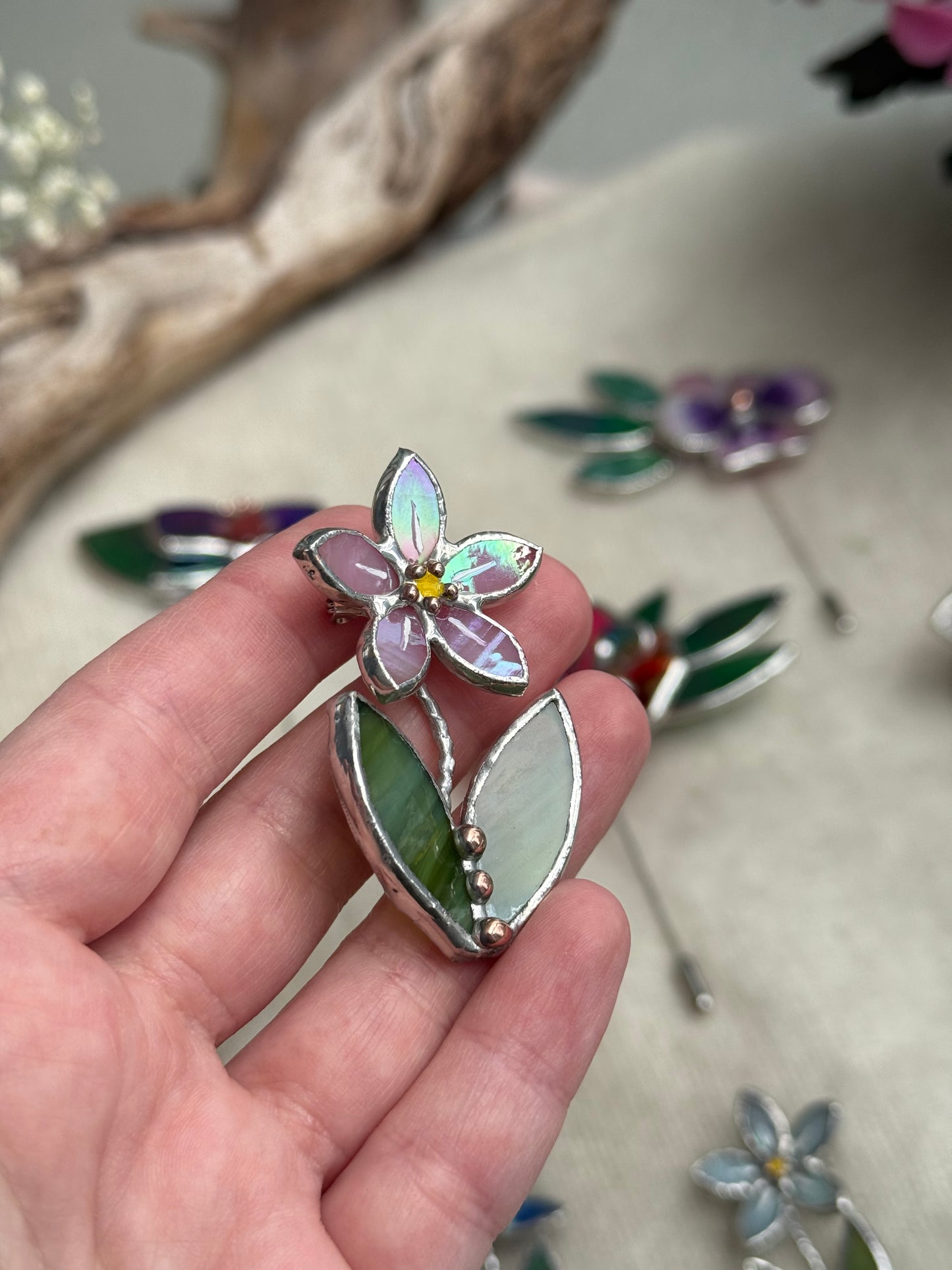 Forget me not Pink Brooch Stained Glass Flower Pin, Modern Art Jewelry statement ready
