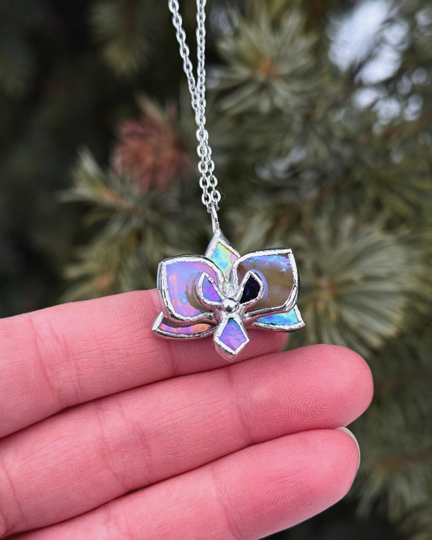 " . CHOOSE COLOR “NECKLACE orchid flower” Stained glass tropical flower 3D, art jewelry