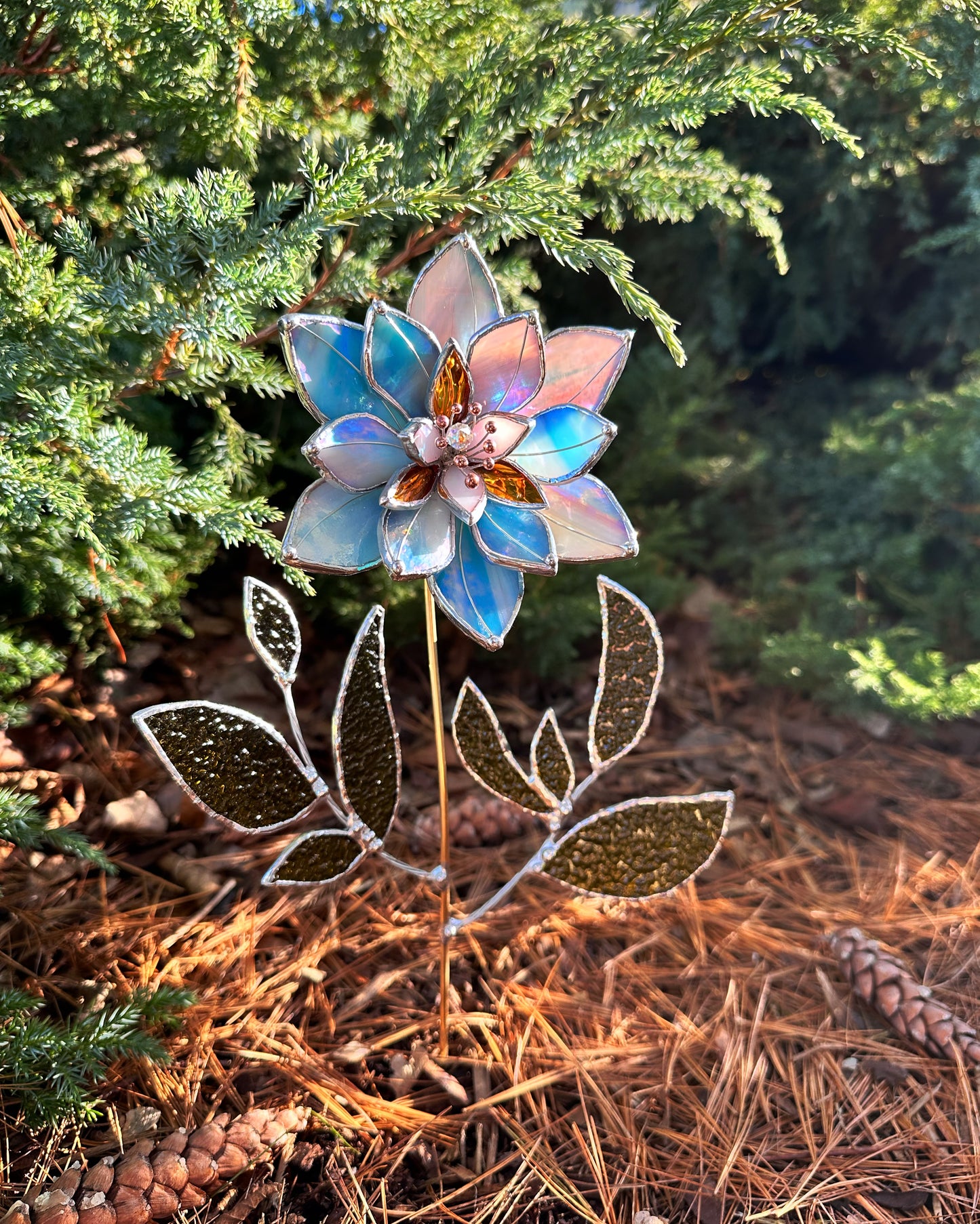 ".Lily Sky Blue & Lavender iridescent " Stained glass tropical flower 3D, Sun catcher, Table plant decor, Garden stake, wedding decor, Christmas gift