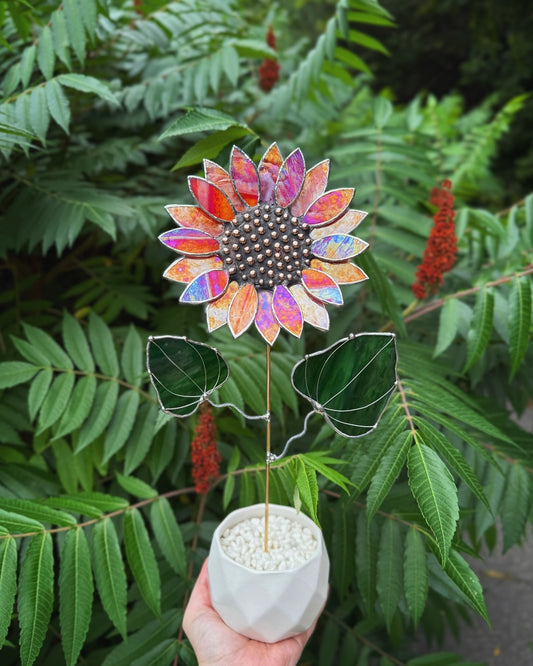" .  Sunflower Red Amber iridescent", stained glass tropical flower 3D, Sun catcher, Table plant decor, Garden stake, Outdoor and gardening, wedding Christmas gift