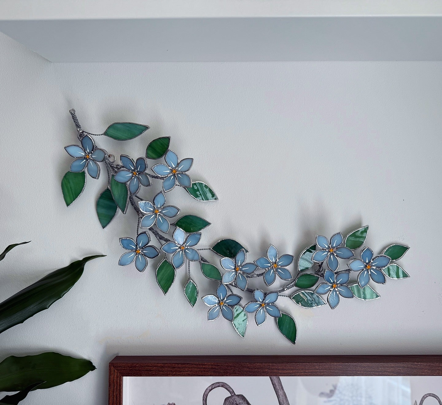 .Forget me Not Flower Branch Stained Glass Wall Decor, Glass Suncatcher Wall Decor ready