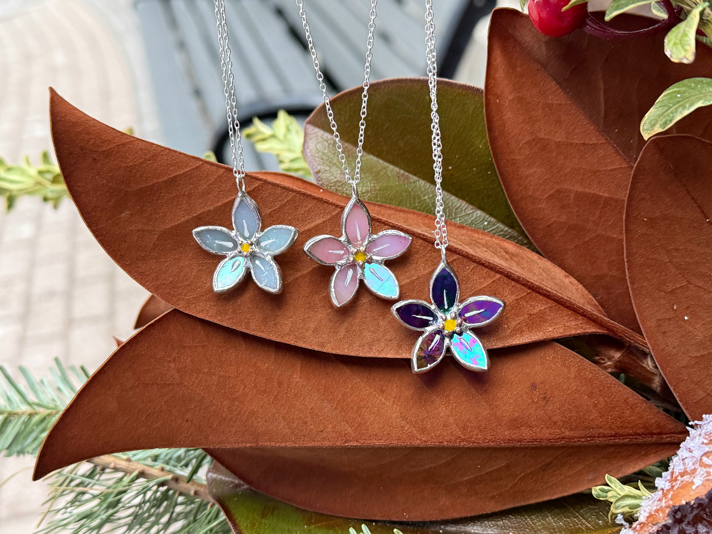CHOOSE COLOR Necklace Stained glass Forget Me Not flower, Modern jewelry
