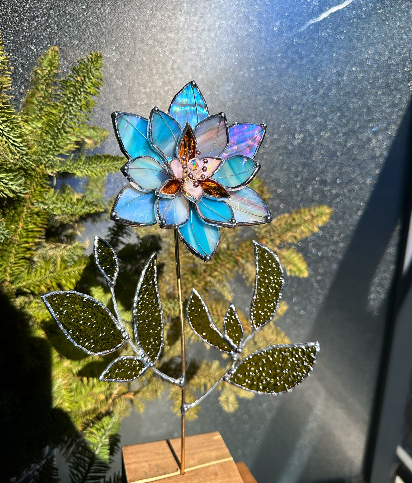 ".Lily Sky Blue & Lavender iridescent " Stained glass tropical flower 3D, Sun catcher, Table plant decor, Garden stake, wedding decor, Christmas gift