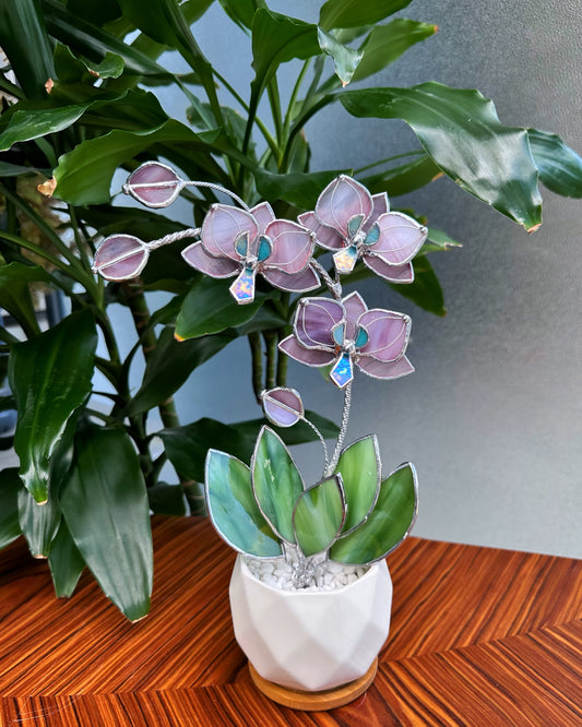 " . Dusty Rose translucent Orchid 3 flowers with pot” Stained glass tropical flower 3D, Sun catcher, Table plant, Garden stick, Outdoor and gardening decor