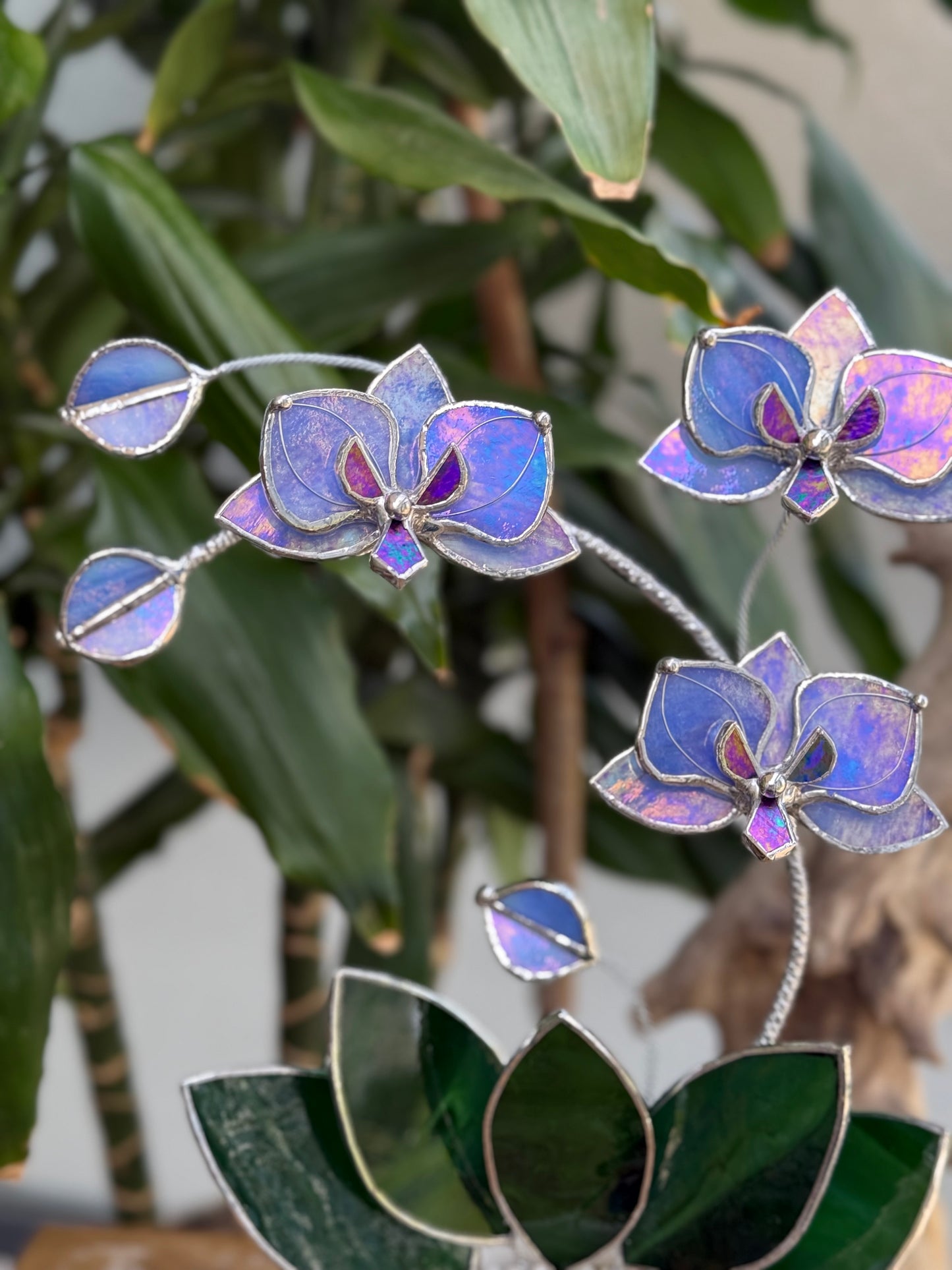 " . Blue lavender iridescent Orchid 3 flowers with pot” Stained glass tropical flower 3D, Sun catcher, Table plant, Garden stick, Outdoor and gardening decor available new