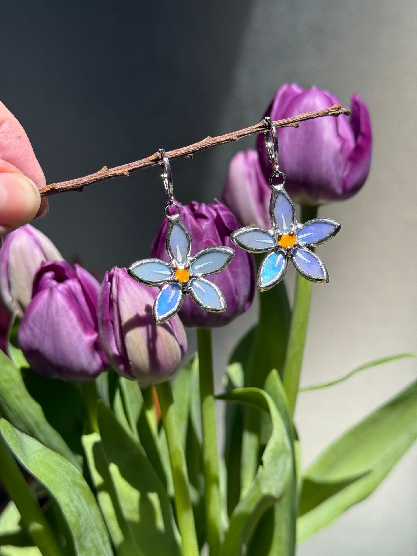 Forget Me Not Earrings Sky Blue Iridescent Handcrafted Stained glass Botanical Art Jewelry