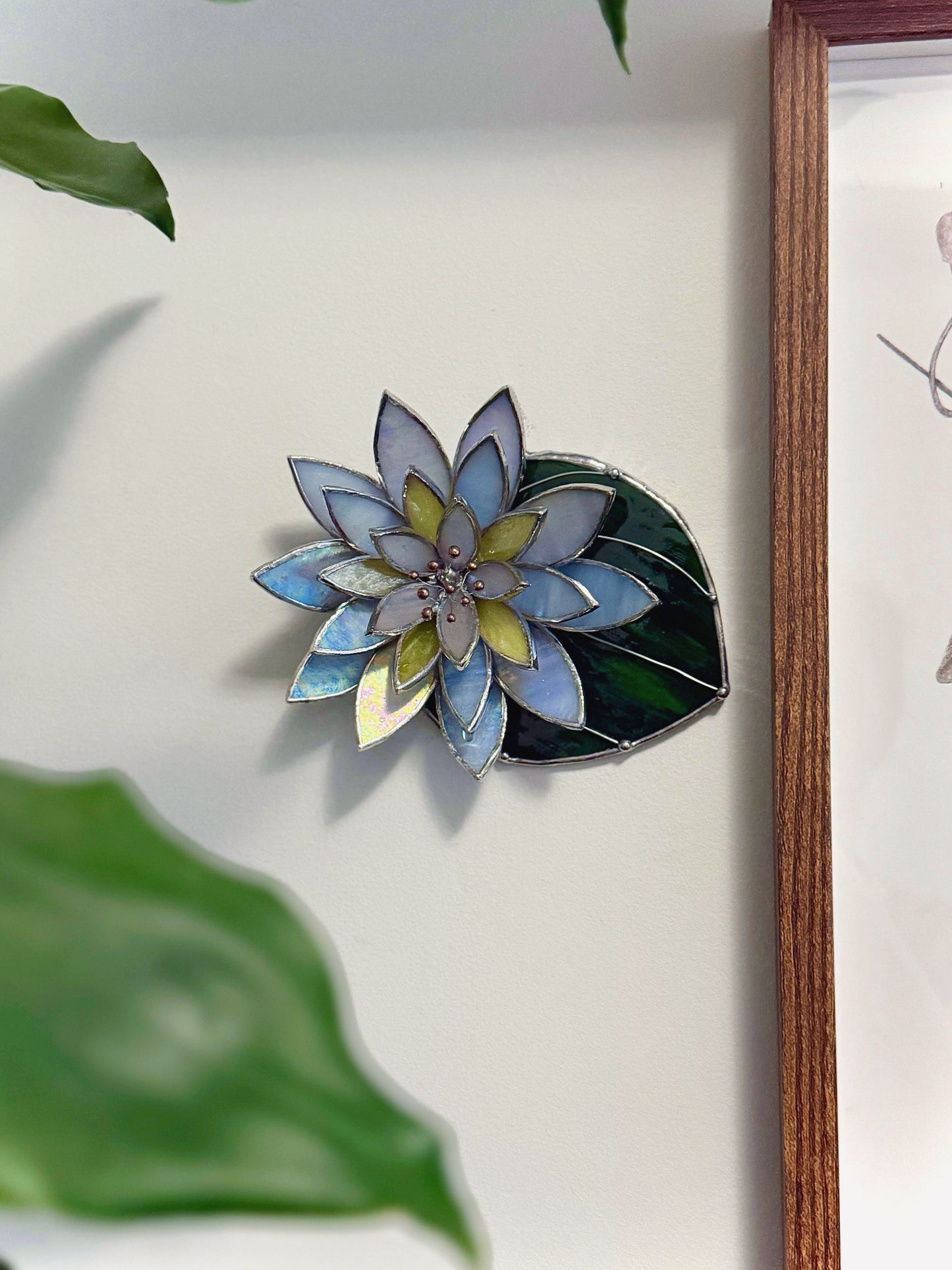 " .  Wall decoration Lavender iridescent Water Lily with leaf" Stained glass table decor, suncatcher, succulents sale
