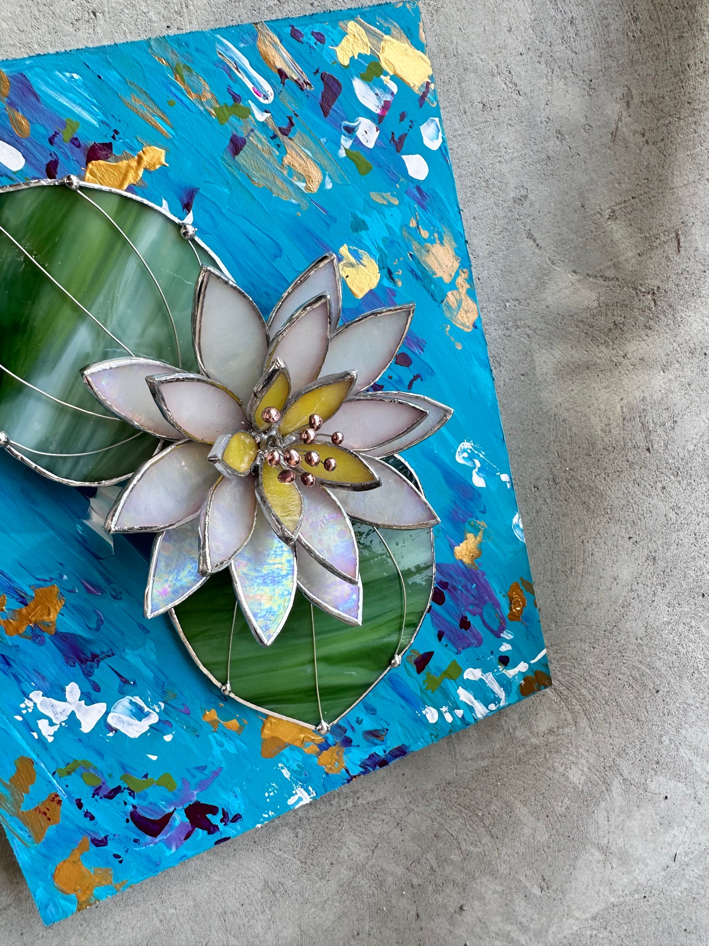 ".Acrylic painting ‘Lily Pond’ with stained glass 3D water Lily, Wall decor, Wedding, Christmas gift, available