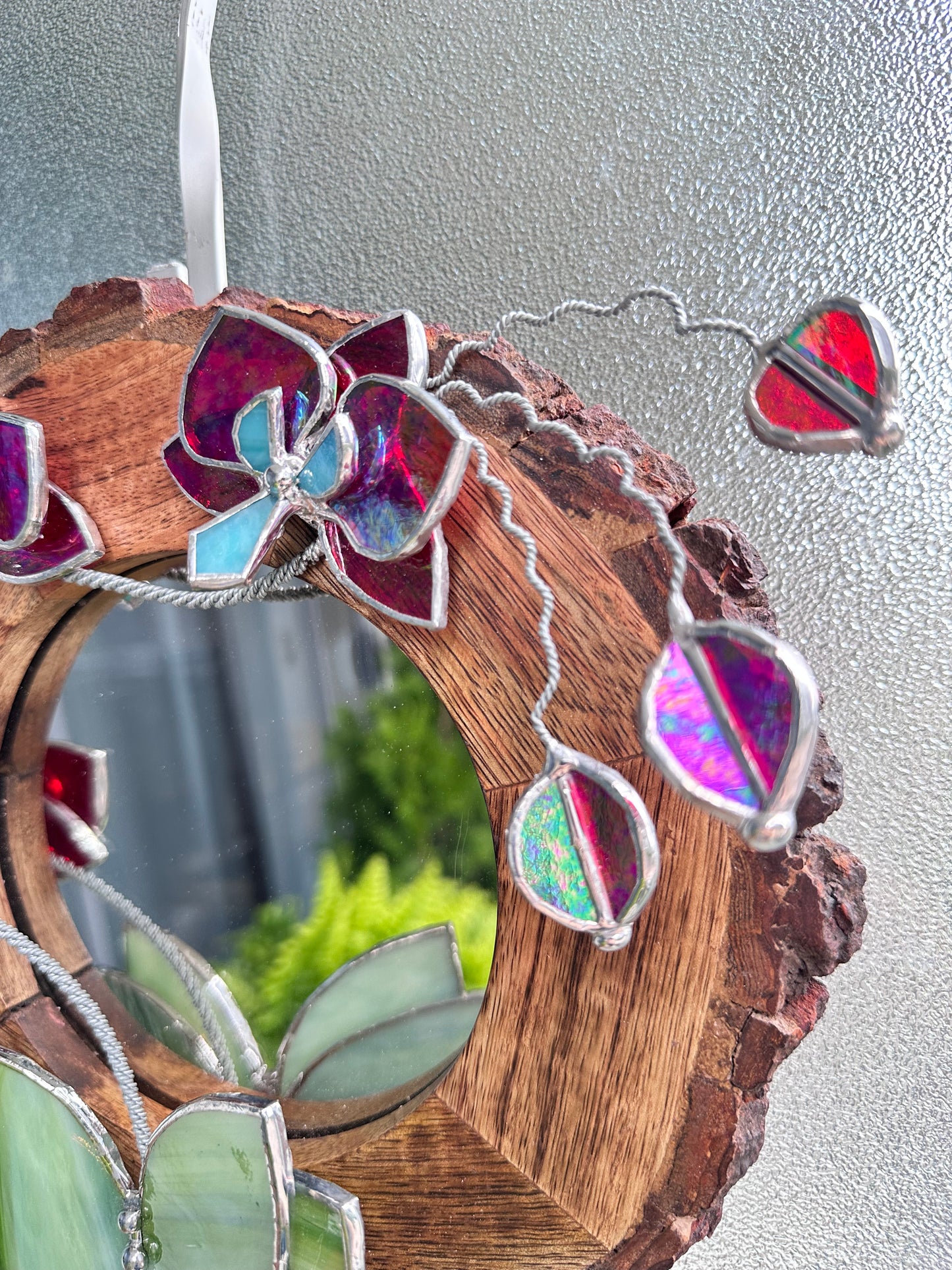 ". Red transparent iridescent Orchid Mirror" Stained glass flower Wall decor.  Sun catcher Wooden frame Home wedding Decor Art. Christmas gift