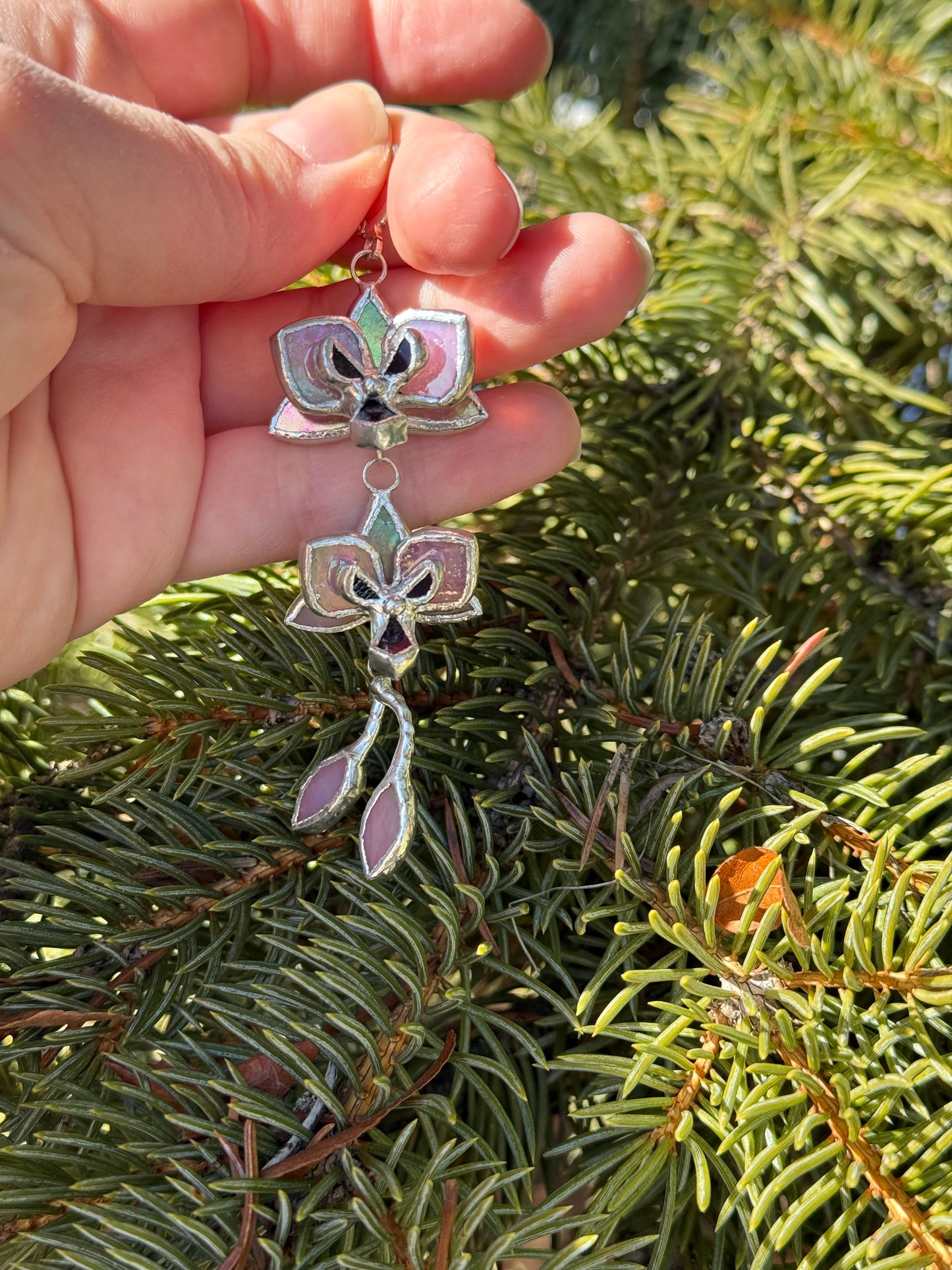 " . Earrings  Orchid 2 flowers with buds Pink iridescent” Stained glass tropical flower 3D, art jewelry