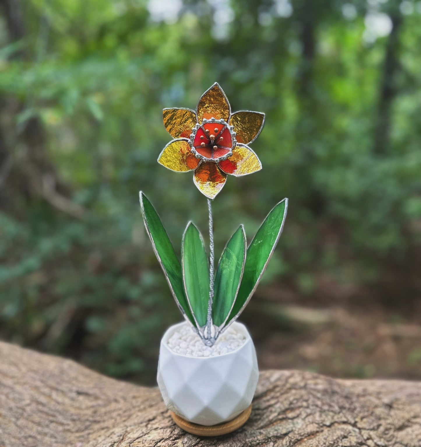 " . Golden Daffodil Flower with pot" Stained glass tropical flower 3D, Sun catcher, Table plant decor, Garden stick, wedding decor, Christmas gift, available