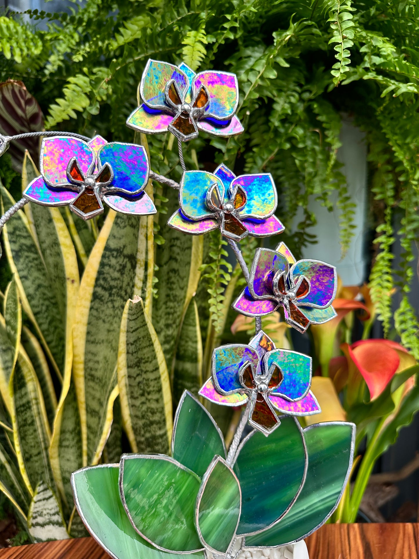 " .Indigo iridescent Orchid 5 flowers with pot" Stained glass tropical flower 3D, Sun catcher, Table plant, Garden stick, wedding decor, Christmas gift