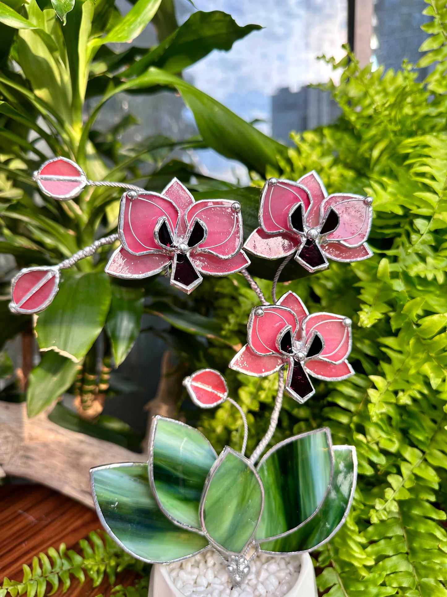 ". Baby Pink Orchid 3 flowers with pot” Stained glass tropical flower 3D, Sun catcher, Table plant, Garden stick, Outdoor and gardening decor