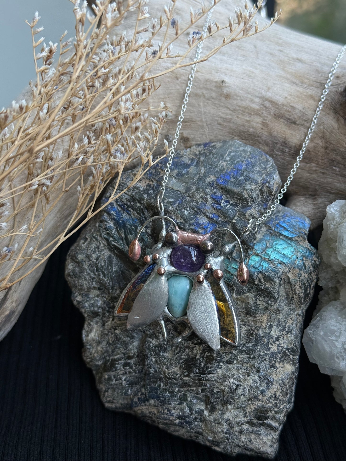 " . Bug necklace Magic Moth with Blue Larimar & Amethyst”, stained glass art jewelry pendant 3D wedding jewelry Mother’s Day gift