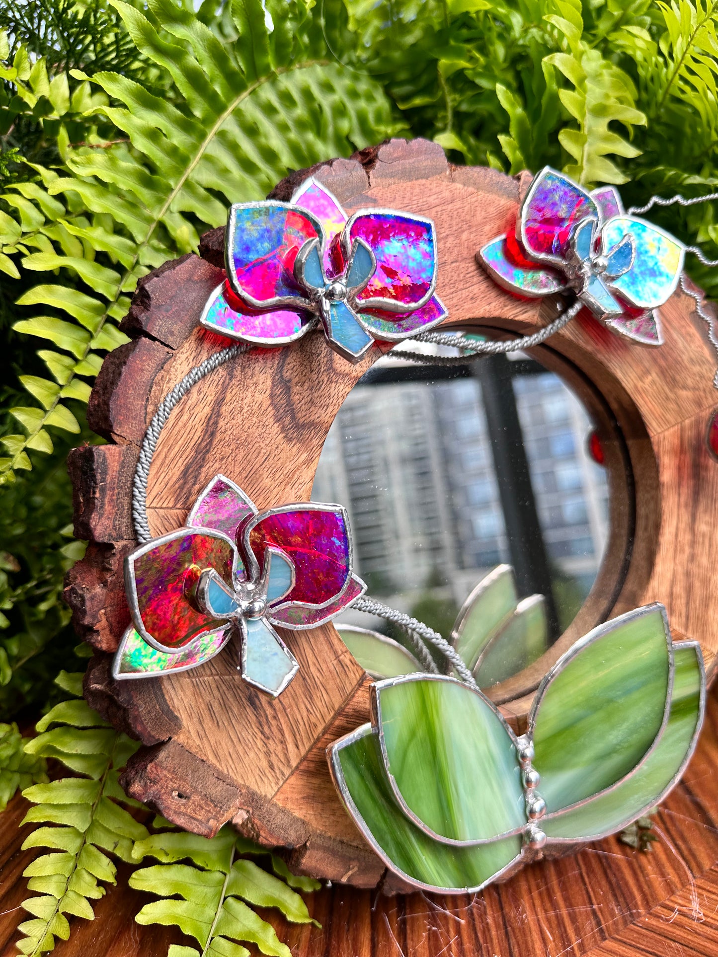 ". Red transparent iridescent Orchid Mirror" Stained glass flower Wall decor.  Sun catcher Wooden frame Home wedding Decor Art. Christmas gift