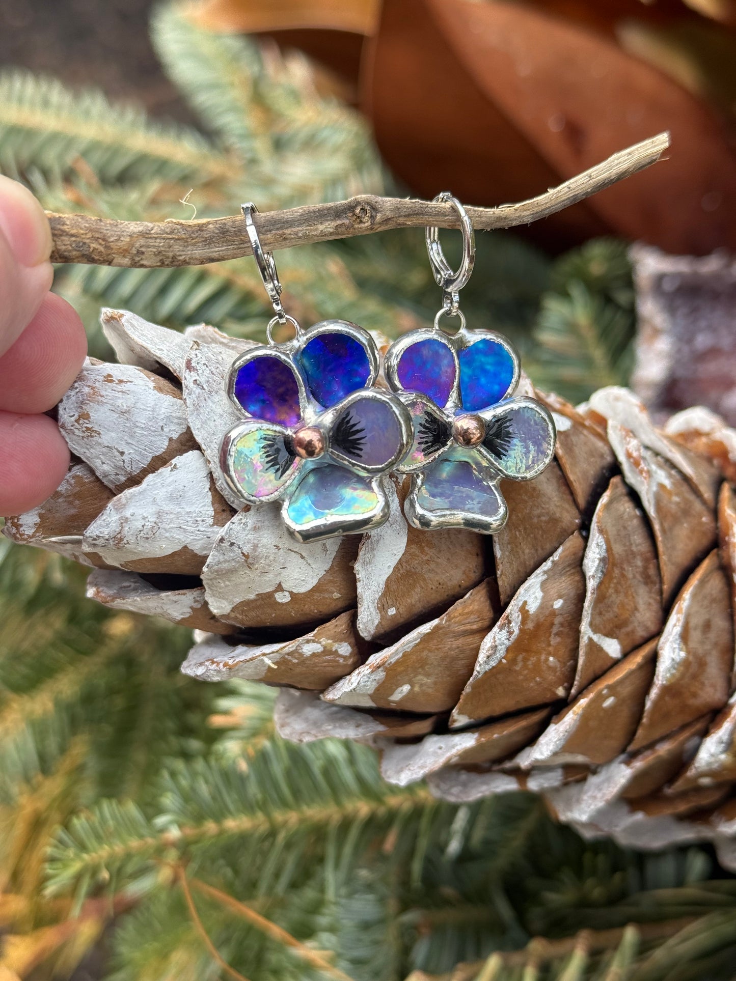 Pansy Earrings Indigo Lavender Handcrafted Stained glass Botanical Art Jewelry