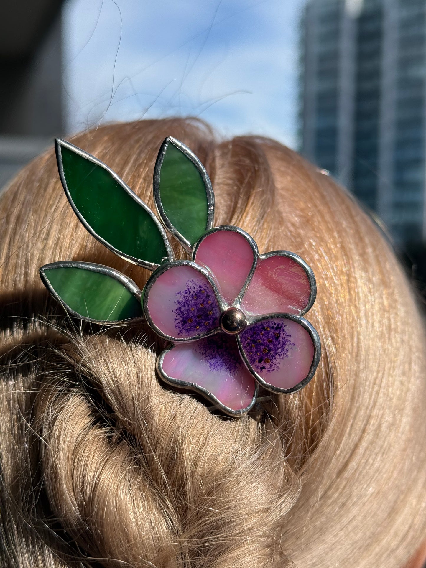 .Hair Pin Stained Glass Pansy Flower CHOOSE COLOR Handmade Floral Accessories