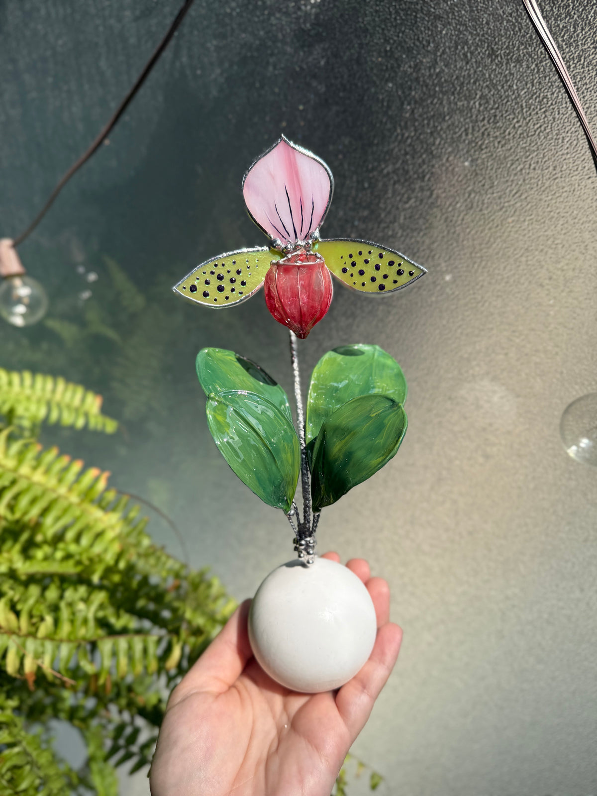 Lady’s Slipper Orchid, Handpainted Artificial Flower With Resin Leaves, Botanical Art Stained glass
