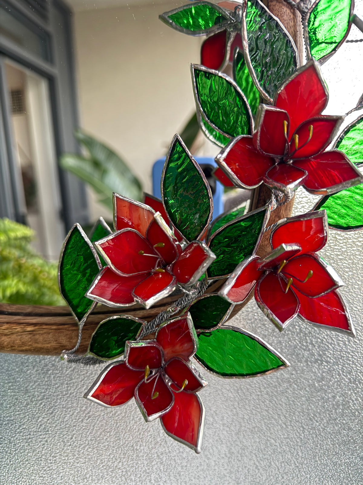 .Amaryllis Flower Mirror, Stained Glass 3D Botanical Floral Wall Art ready new