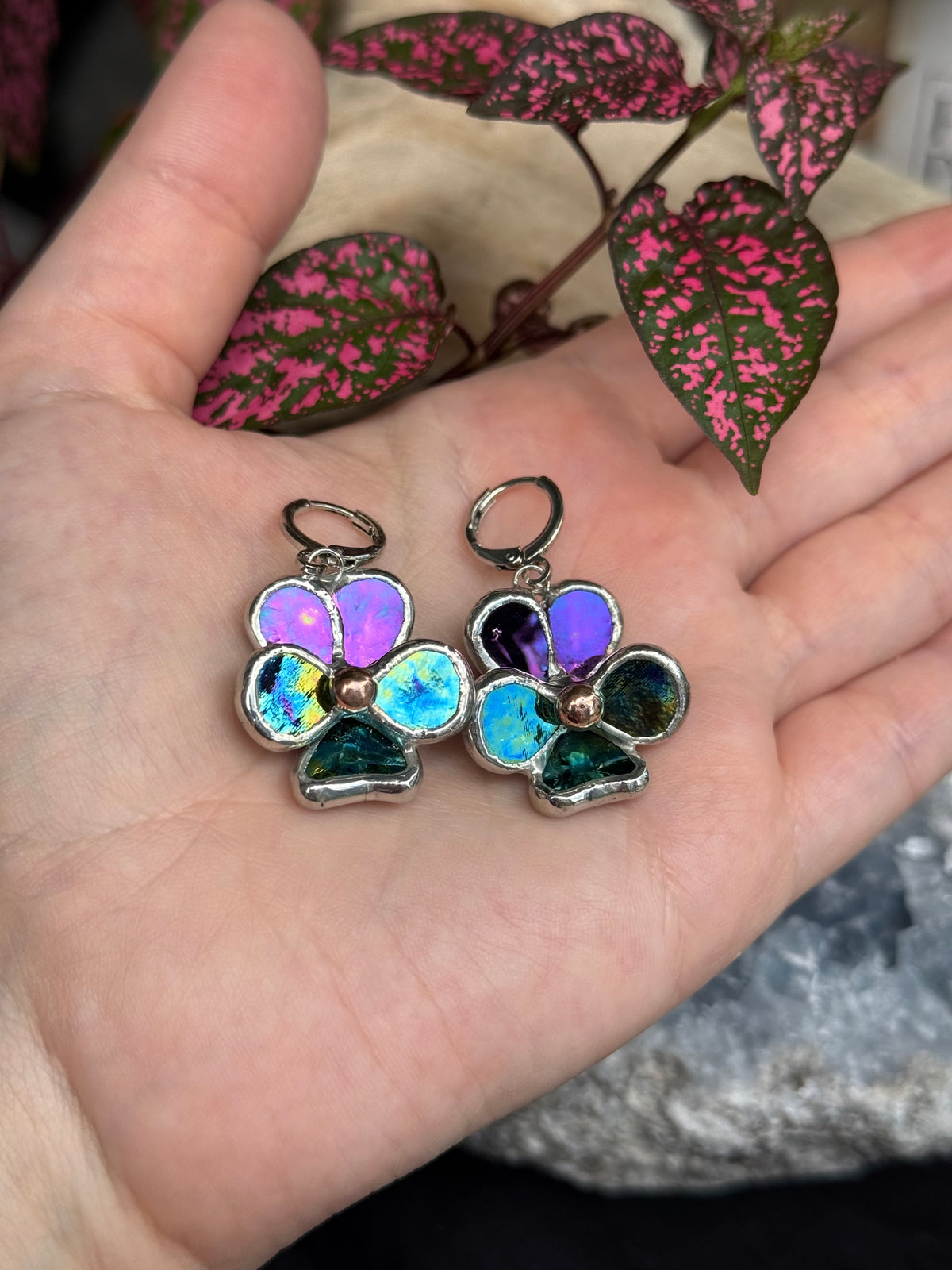 Pansy Earrings Purple lumi &Yellow blue lumi  Handcrafted Stained glass Botanical Art Jewelry