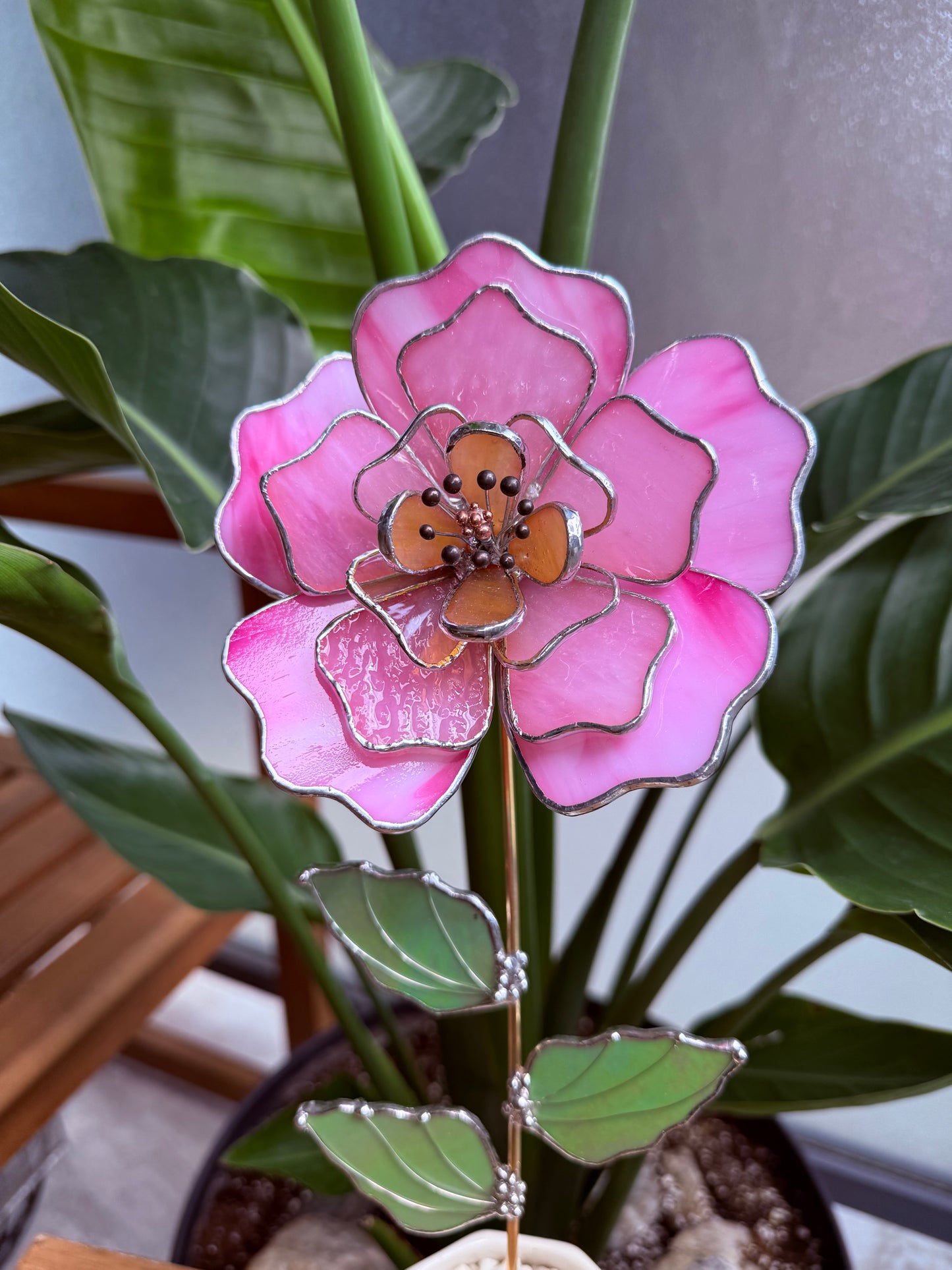 Candy Pink Peony Stained glass flower 3D Botanical Table Plant Decor