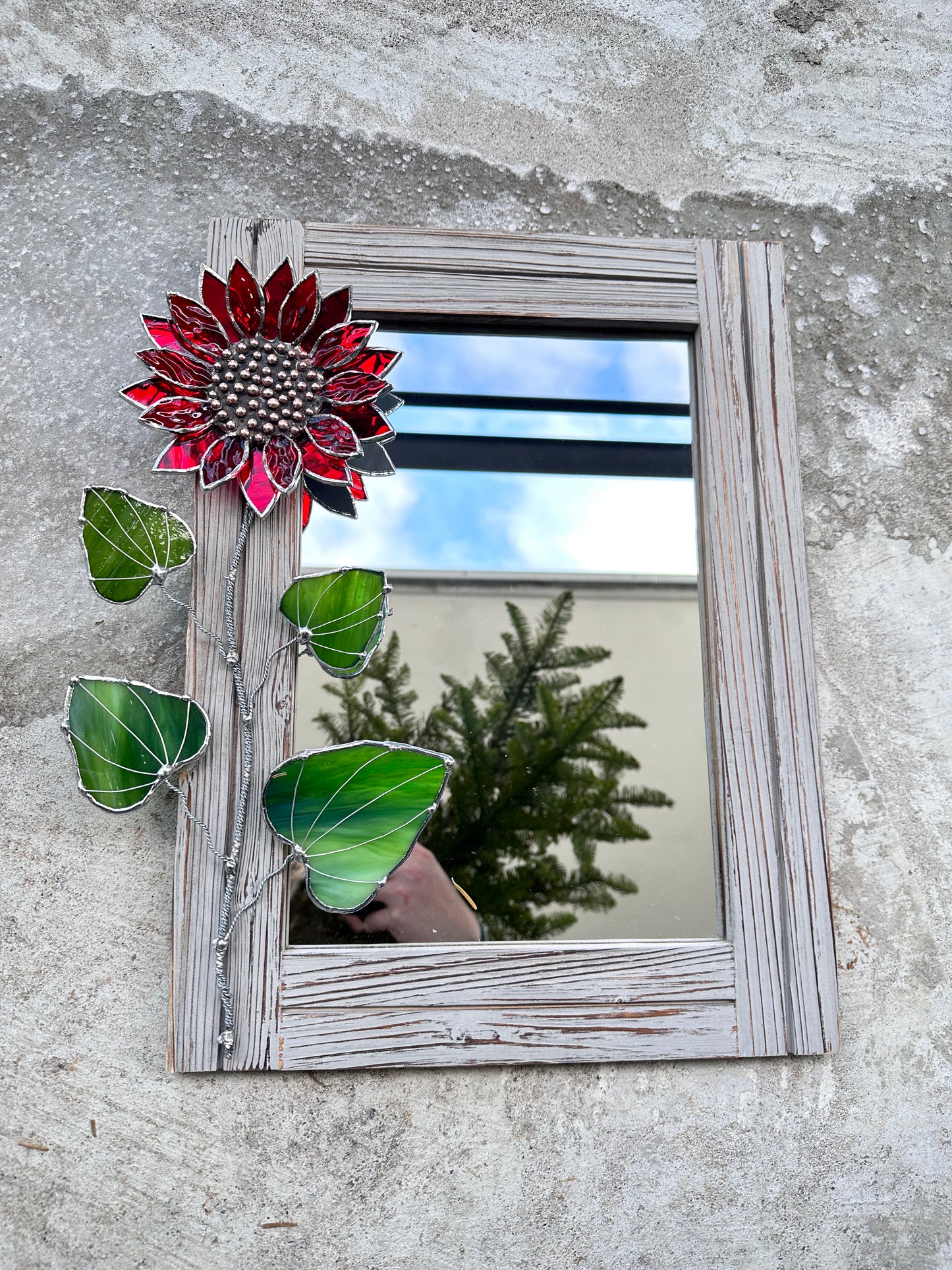 "Ruby Red Sunflower" Stained glass flower Mirror, wall decor Art, Wedding, Christmas, gift Decoration Glass flowers Succulents.
