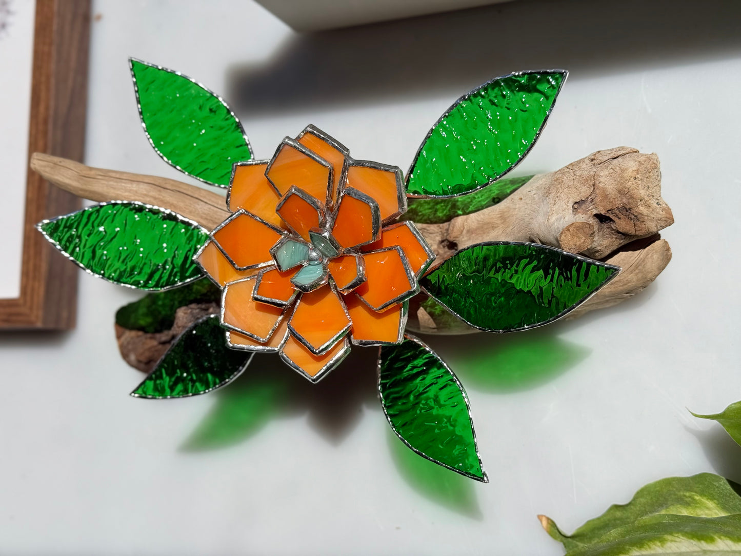 .Tropical flower Stained Glass Driftwood Wall Decor Suncatcher