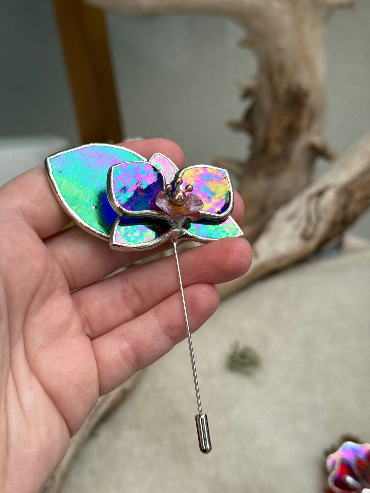 Orchid Brooch Statement Stained Glass Floral Pin, Modern Art Jewelry